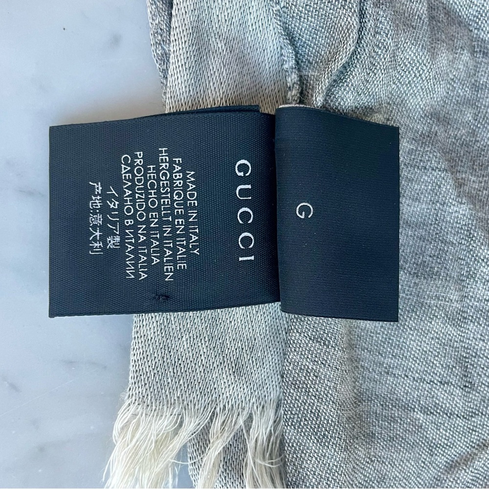 Gucci GG Lightweight wool/silk blend scarf, fringe, grey with white GGs, L, EUC - Picture 14 of 16